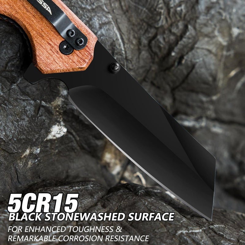 FLISSA Folding Knife, 4-3/4" Reverse Tanto Folding Pocket Knife, Black Stonewash Blade, Wood Handle, for Hunting, Survival, Camping and Outdoor Activities, Great Gifts for Dad, Husband, Friend - Image 3